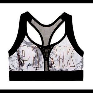 NWOT PINK sports Bra Marble with RoseGold letters size Large